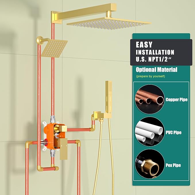 ENGA Shower Faucet Set, Dual Head Shower System 10" & 6" Square Rain Shower Heads with 2 in 1 Handheld Spray, 3 Way Water Diverter, Brushed Gold