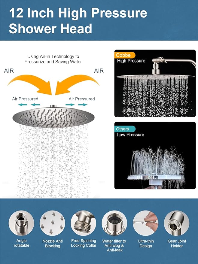 Cobbe 12 Inch All Metal Rain Shower Head, Dual Shower Heads with Handheld Spray Combo - Upgrade Extension Arm Height Adjustable - 9 Spray Filtered Shower Head, Brushed Nickel
