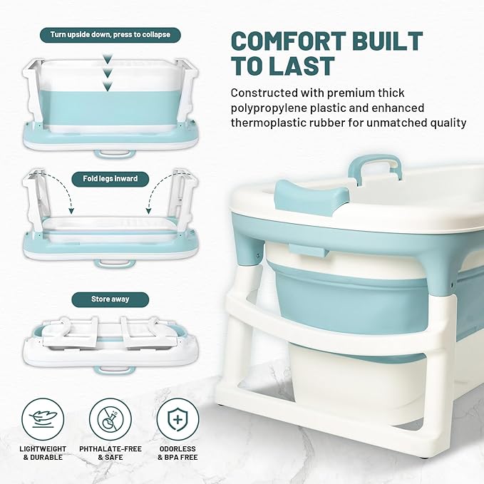 biosp 54'' Portable Bathtub for Adult, Foldable Collapsible Bathtub with 3 lids, Outdoor Hot Tub, Large Thicken Tub for Ice Bath, Home Sauna, Sweat Steaming, Spa Barrel, Shower