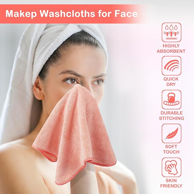 Nugilla Makeup Remover Cloth 12 x 12 Inch, Reusable Makeup Remover Towels for Washing Face, 6 Pack Washable Microfiber Face Cloth Fast Drying Washcloth, Coral