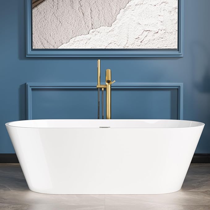Sarlai 67 Inch Acrylic Freestanding Soaking Bathtub Contemporary Soaking White Tub Stand Alone Ergonomic Bathtub with Black Drain
