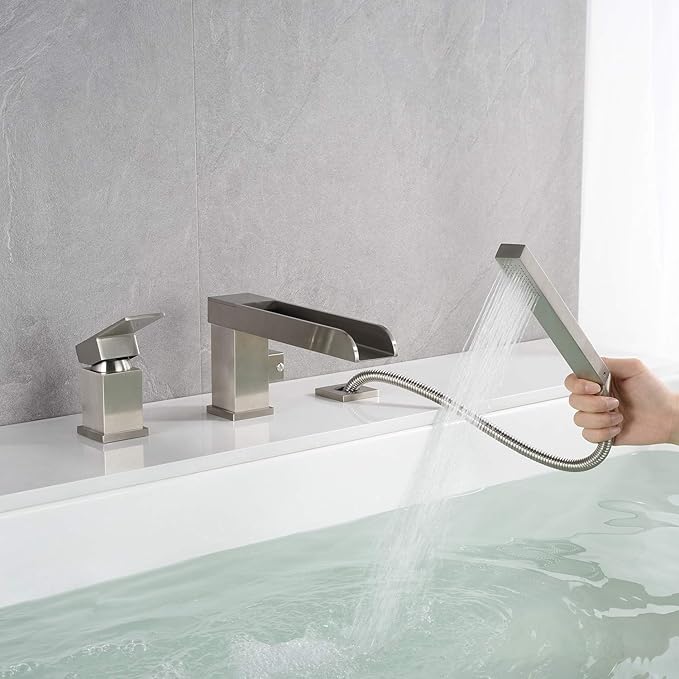 Waterfall Roman Tub Faucets Deck Mount Brushed Nickel Bathtub Faucets Brass Tub Filler Bathroom Faucets with Hand Shower