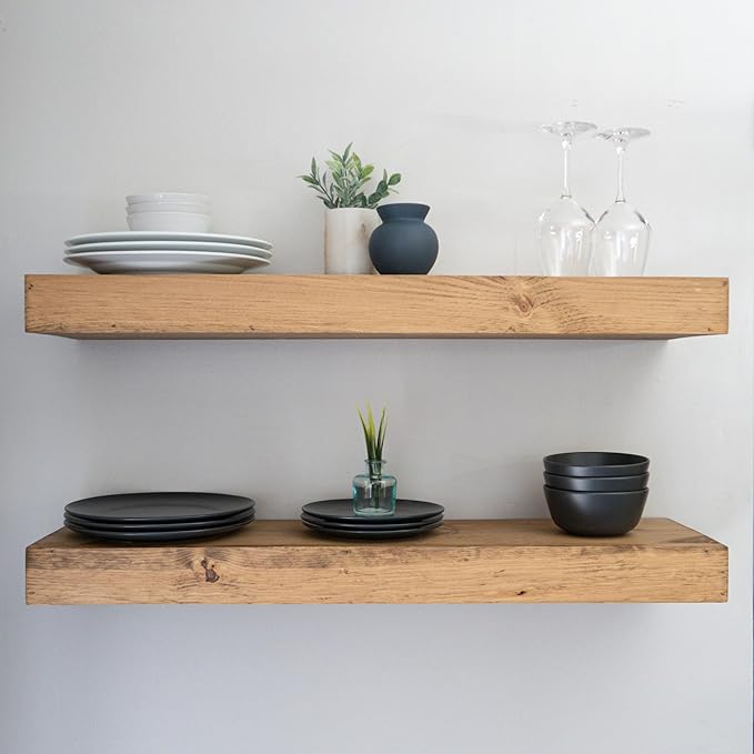 Urbandi Modern Floating Shelves 3 Inches Thick for Wall, Wide Shelves for Kitchen, Living Room, Bedroom, and Bathroom, Natural Pine Wood, Rustic Wooden Shelf, (Set of 2) (Aged Oak, 24Lx3Hx8D)