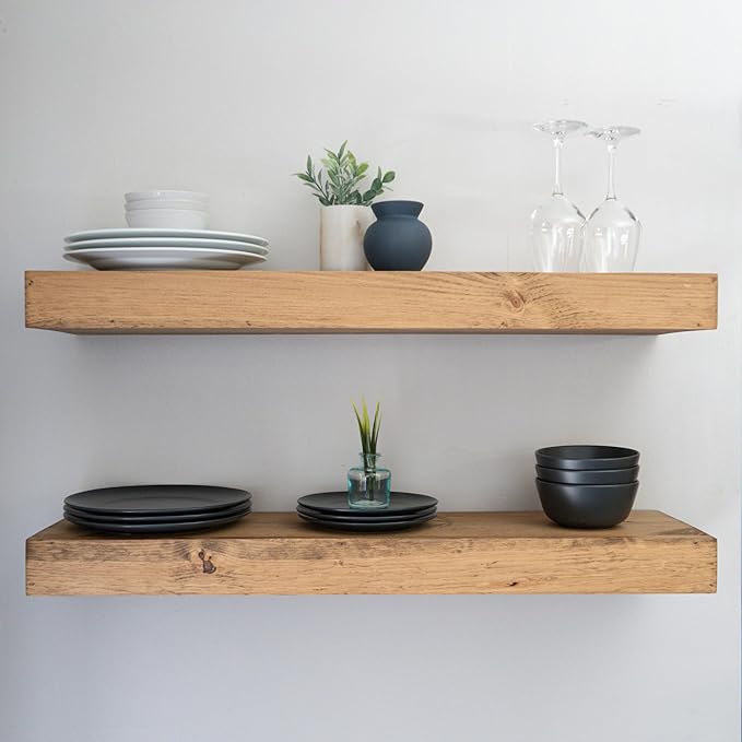 Urbandi Modern Floating Shelves 3 Inches Thick for Wall, Wide Shelves for Kitchen, Living Room, Bedroom, and Bathroom, Natural Pine Wood, Rustic Wooden Shelf, (Set of 2) (Aged Oak, 60Lx3Hx8D)