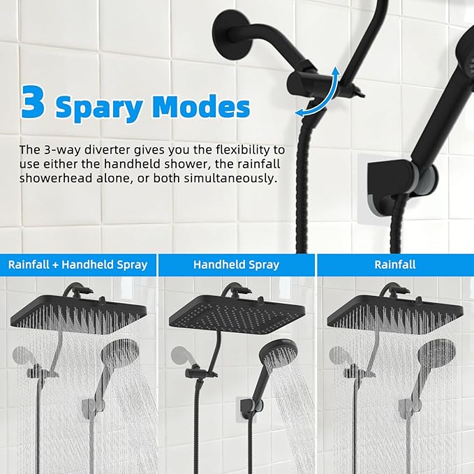 Hibbent cUPC Certified High Pressure 13'' Dual Shower Head Combo with 10-mode Handheld Spray, Rainfall 5-spray Shower Head, 12'' Adjustable Extension Arm, 71'' Hose, Showerhead Holder, Matte Black