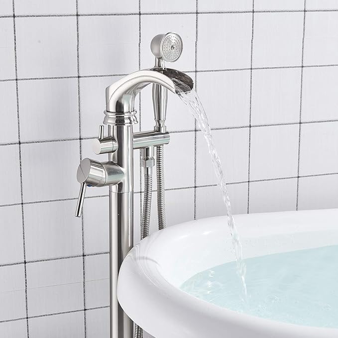 Senlesen Brushed Nickel Bathroom Single Handle Freestanding Bathtub Faucet Floor Mounted Waterfall Tub Filler with Hand Shower Set