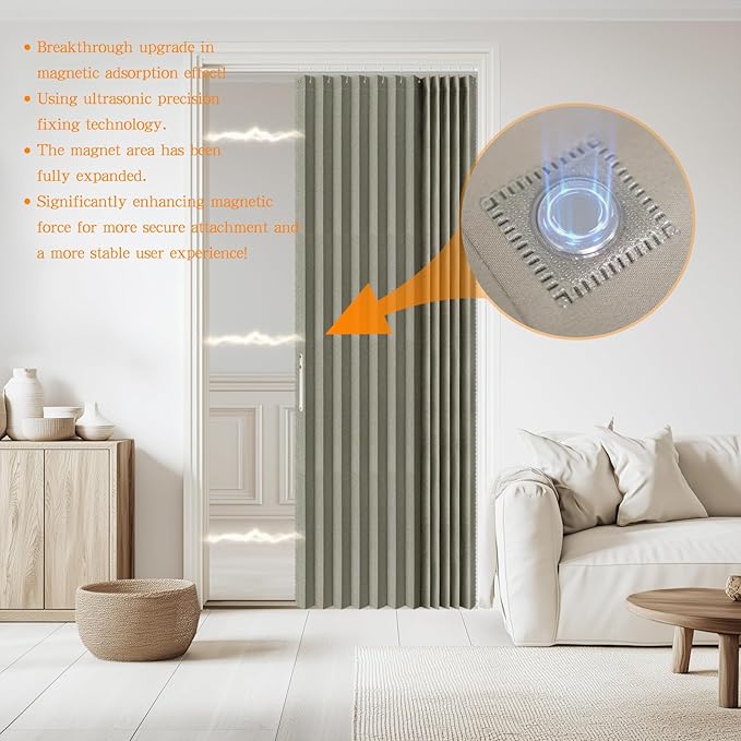 Accordian Door Curtain, 100% Blackout Folding Magnetic Doorway Curtains,Linen Style Closet Doors,for Room Divider,Privacy Protection（W52 x L78,Grey,1 Panel）