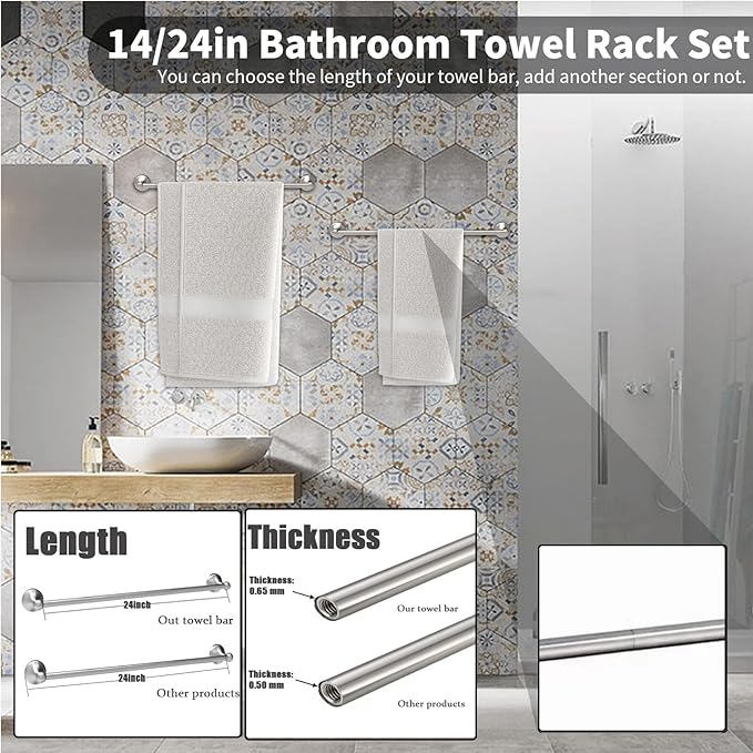 Newfun 8-Pieces 24" Bathroom Hardware Set, Bathroom Accessory Set, Includes 24" Adjustable Bath Towel Bar, Towel Rings Wall Mounted, Toilet Paper Holder, Robe Towel Hooks (Brushed Nickel)