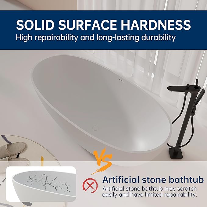 61'' Resin Stone Soaking Bathtub Oval Solid Surface Freestanding Soaking Bathtubs Matte White Soaking Tub with Overflow and Pop up Drain - White…
