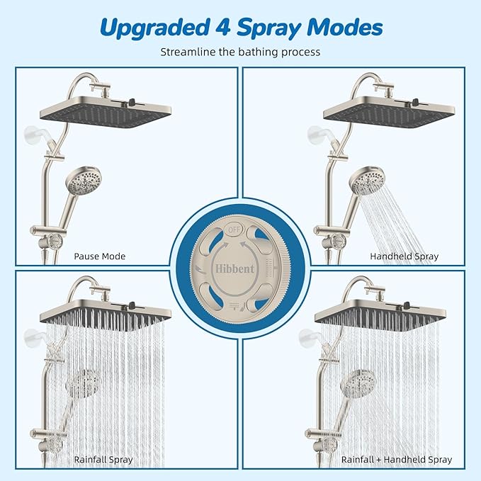 Hibbent cUPC Certified 13'' Shower Head Combo, High Pressure 5 Spray Rainfall Showerhead, 10 Spray Handheld, All Metal Easy Reach 4-way Diverter Arm with Pause Mode, 71'' Hose & Holder, Brushed Nickel