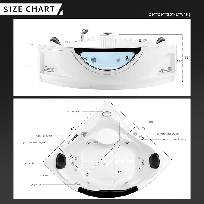 Empava 2 Person Whirlpool Bathtub,Corner Jetted Bathtub with Heater,Corner Jetted Tub with Light,Spa Bath tub with 10 Jets,Hydro Massage Tub with Chromatherapy,ETL Certified