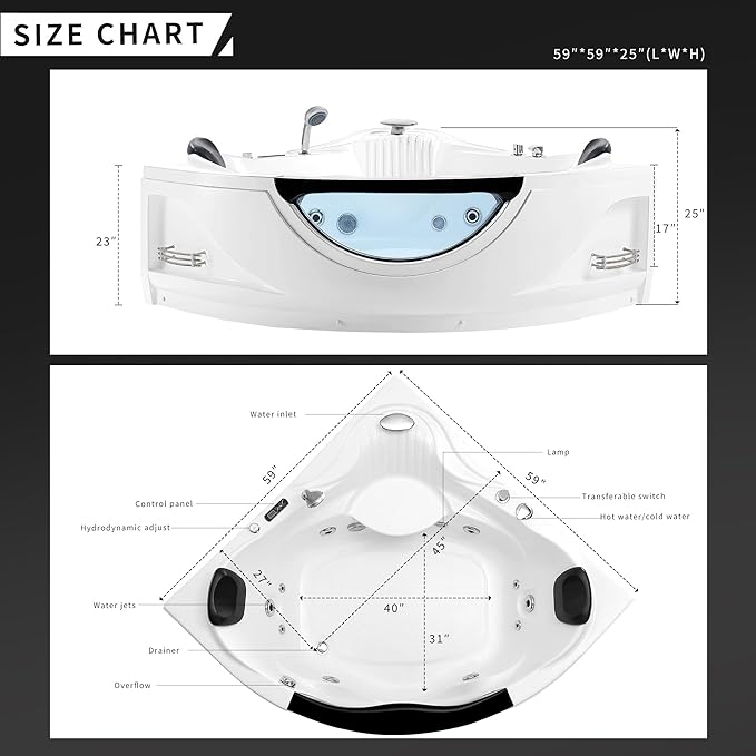 Empava Corner Whirlpool Bathtub with Heater,2 Person 59" Jetted Tub with Light,Spa Hydromassage with Chromatherapy,Acrylic,White, ETL Certified