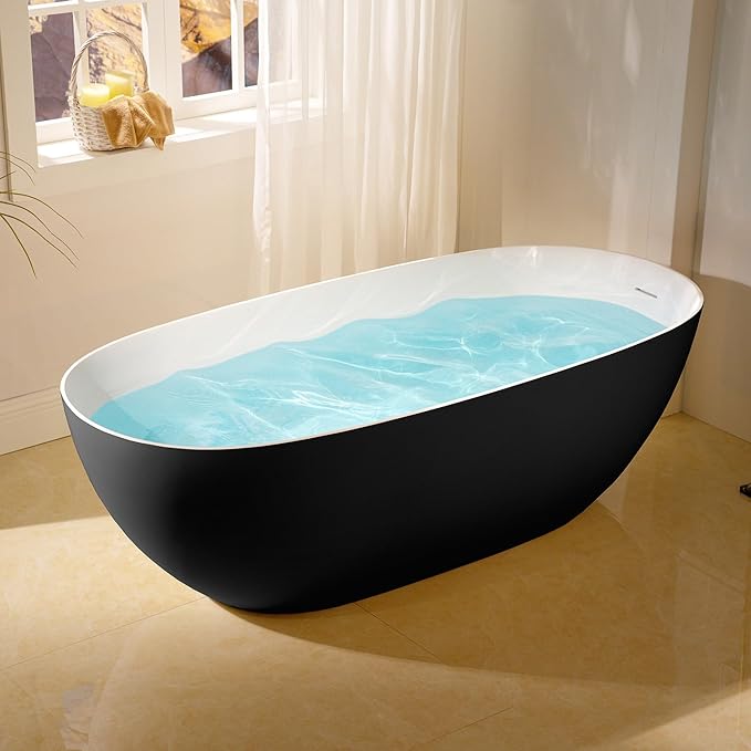 WOODBRIDGE 69" L x 32" W Luxury Contemporary Solid Surface Stone Resin Freestanding Bathtub in Matte Black with 2-Drain Covers