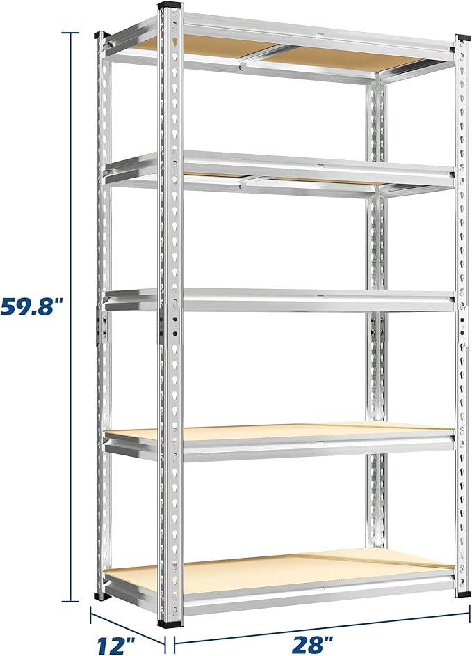 REIBII Storage Shelves 2020LBS Garage Shelving Heavy Duty 5 Tier Metal Shelving Adjustable Pantry Shelves for Garage Pantry Closet Kitchen Basement 28" W x 12" D x 59.8" H, Silver