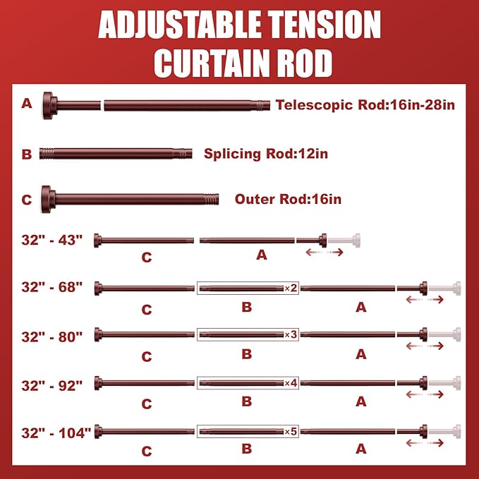 Ausemku Shower Curtain Rod - 32-104 Inch Rustproof Tension Rod, Non-Slip Spring Design, No Drilling Adjustable Curtain Rod for Bathroom, Kitchen, and Closet（Brown）