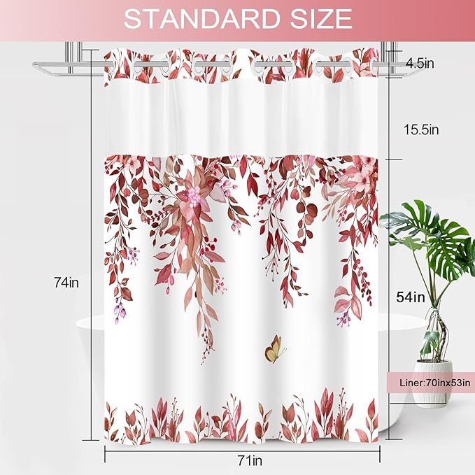 No Hook Shower Curtain and Liner Set, Red Eucalyptus Floral Shower Curtains for Bathroom, Bath Curtain Sets with Snap in Liner, Waterproof with See Through Top Window, 71x74 Inches