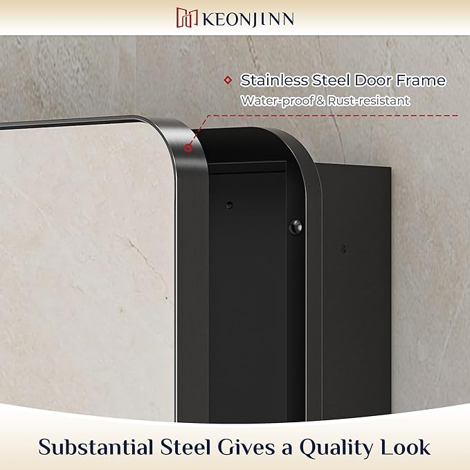 Keonjinn 15 x 36 Inch Black Slim Medicine Cabinets, Narrow Bathroom Medicine Cabinet with Mirror, Stainless Steel Framed, Adjustable Shelves, Recessed or Wall Mount, Soft Closing, Modern Farmhouse