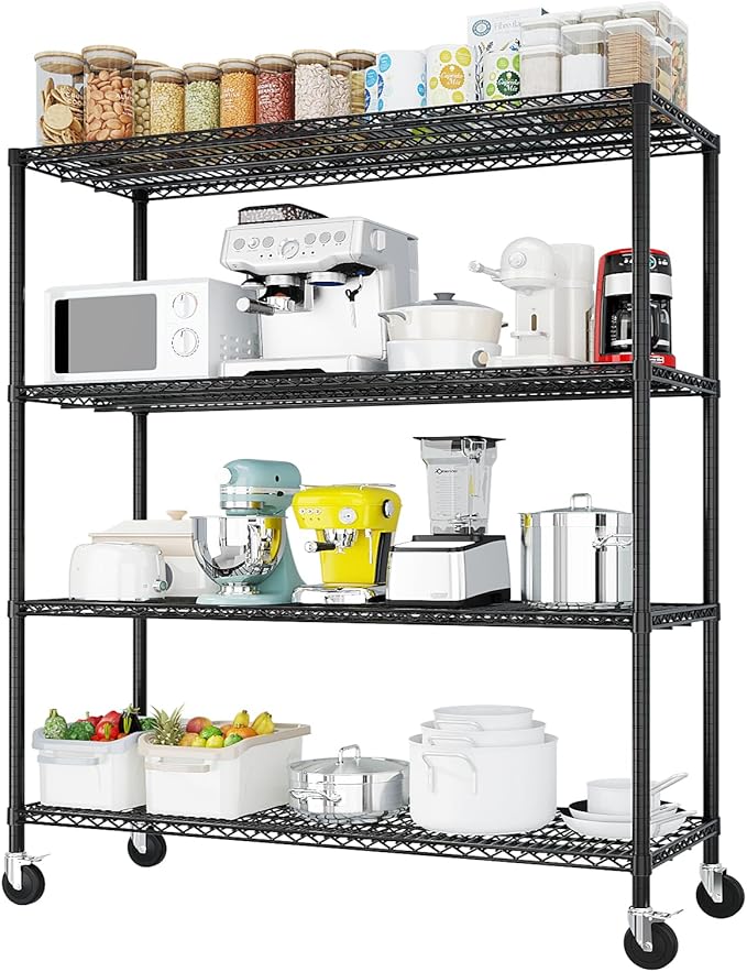 4 Tier Storage Racks Shelving, Heavy Steel Pantry Shelves, Adjustable Wire Shelving Rack with Wheels, Suitable for Garage, Kitchens, Bathroom, Offices, 55" W x 23.6" D x 75.6" H, Black