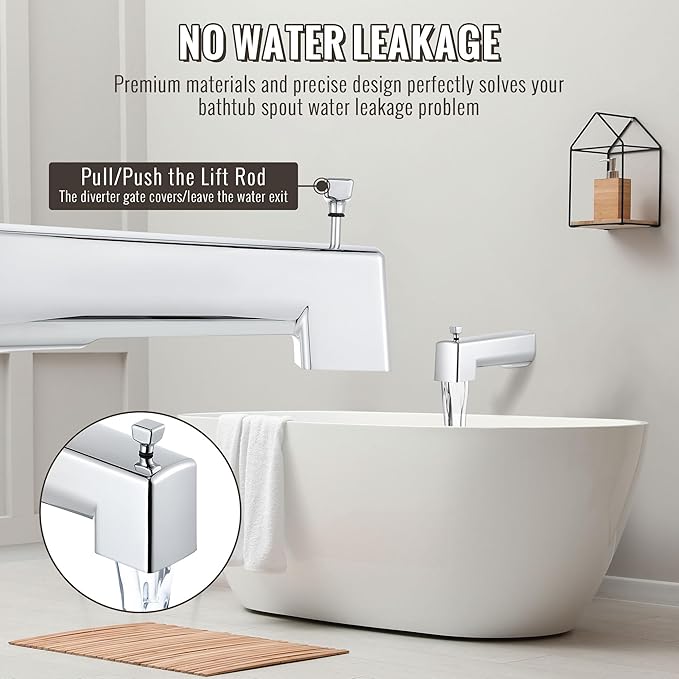 Enhon 7 Inch Slip on Tub Spout with Diverter, Compatible with Moen 3839/Moen 3853, Bathtub Diverter Spout Fits 1/2" Copper Water Tube(5/8" Diameter), 5/32" Hex Wrench(Chrome,Square)
