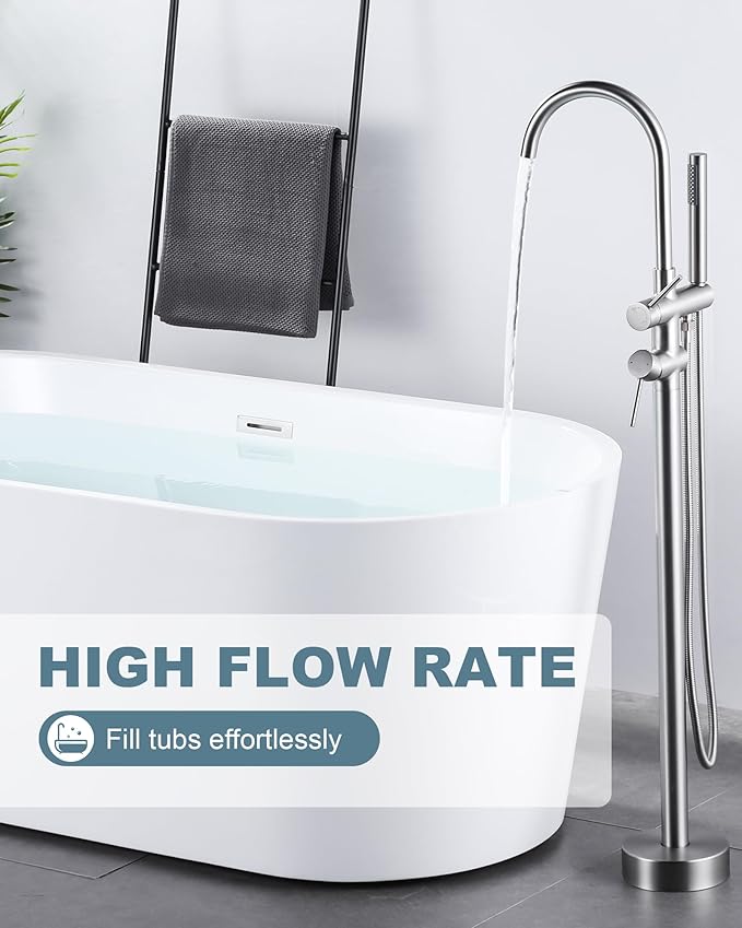 Freestanding Bathtub Faucet Brushed Nickel, Floor Mount Tub Filler, High Flow Brass Shower Faucets with Handheld Sprayer for Bathroom