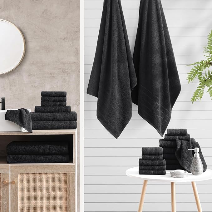 Casa Platino 100% Mercerized Cotton Luxury Bathroom Towels Set - 8 Piece - Ring Spun Technology - 2 Bath, 4 Washcloths, 2 Hand Towels - Remains Soft & Absorbent Even After Multiple Washes - Black