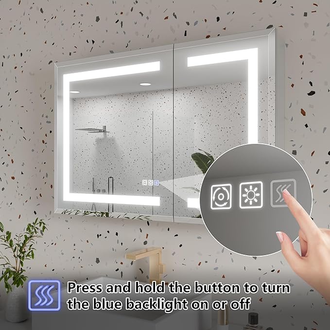GroGro LED Lighted Bathroom Medicine Cabinet with Mirror, 36" W x 24" H Beveled Edge Medicine Cabinet with Lights,Surface or Recessed Mounting,Defog,Dimming,3-Color Temperature Adjustment