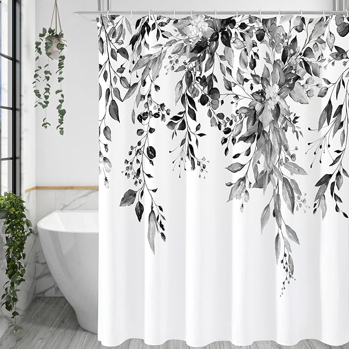 Gibelle Black and White Eucalyptus Shower Curtain, Grey Watercolor Plant Leaves with Floral Bathroom Shower Curtain Set, 72x72