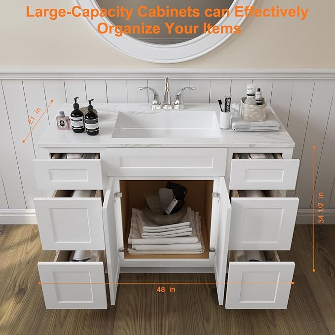 ROOMTEC Bathroom Cabinet, 48'' Free Standing Bathroom Vanity with 6 Drawers and 2 Doors,Soft-Close Drawer Slides Morden Bathroom Sink Vanity Storage Cabinet, Shaker White