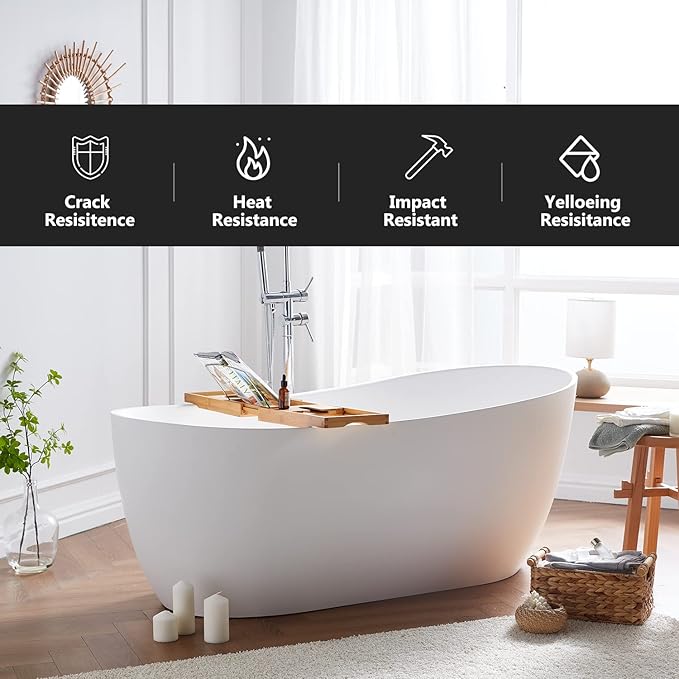 Cpingao (66.9"Lx31.5"Wx25.1"T) Matte White Stone Resin Solid Surface Freestanding Bathtub, Modern Stand Alone Soaking Tub with Overflow and Pop Up Drain,One-Piece Molding 8828