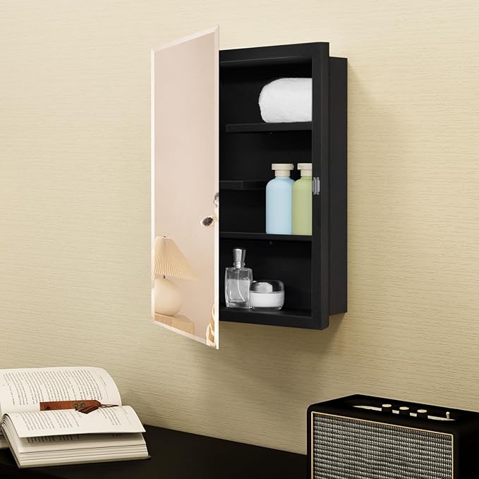 Fundin Black Medicine Cabinet with 16 x 20 Beveled Mirror & Adjustable Staggered Shelves, Recessed or Surface Mount Bathroom Medicine Cabinet