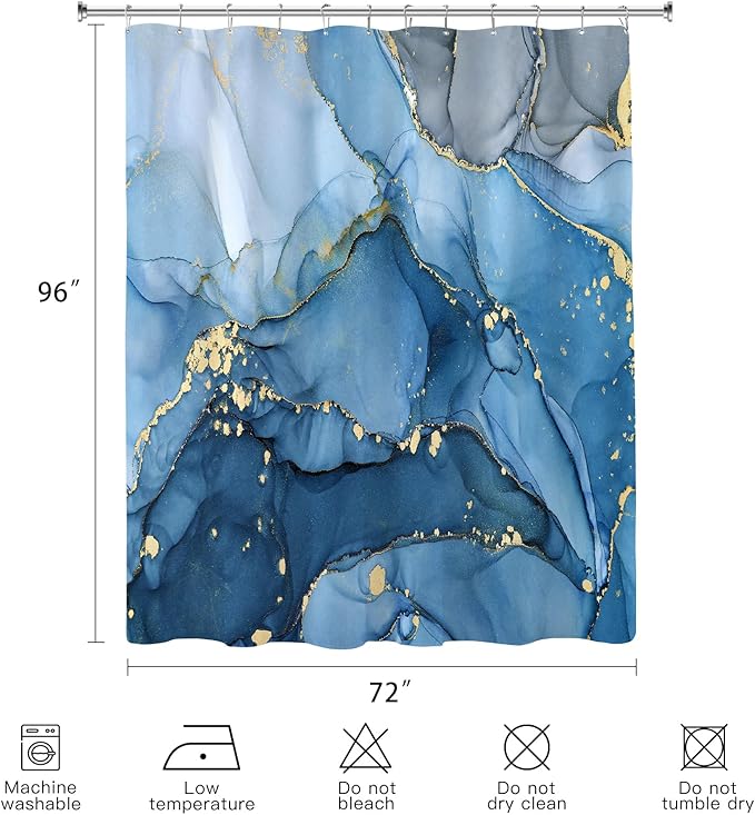 Extra Long Shower Curtain 72 x 96 Inch, Blue Floor to Ceiling X-Long Abstract Marble Shower Curtains for Bathroom, Modern Luxury Art Ink Fabric Shower Curtain Set with Hooks