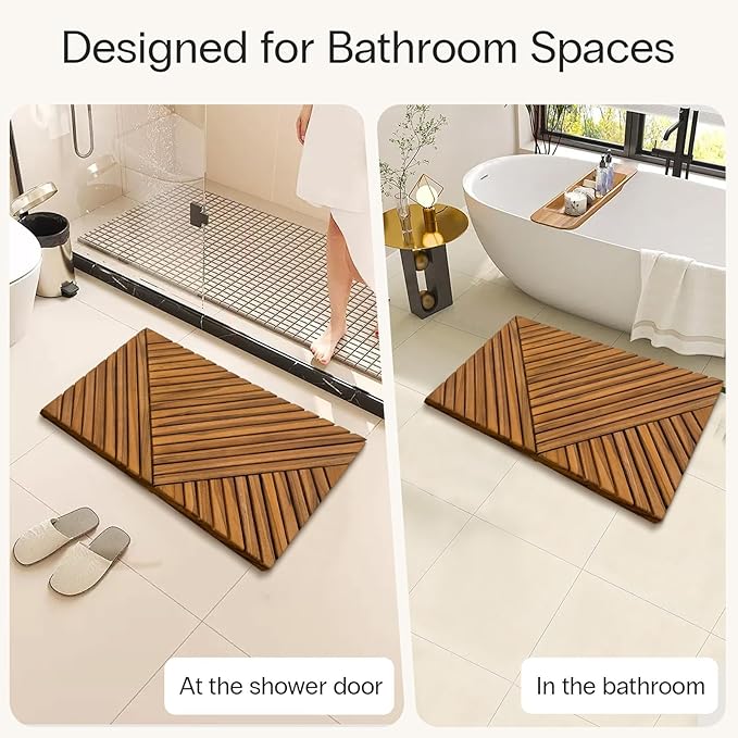 StrongTek Large Teak Bath Mat for Bathroom, 35.4" x 20" Solid Wood Shower Mat, Hand-Oiled Finish, Non-Slip Rubber Feet, Water-Resistant & Quick-Draining, Ideal for Indoor & Outdoor Use