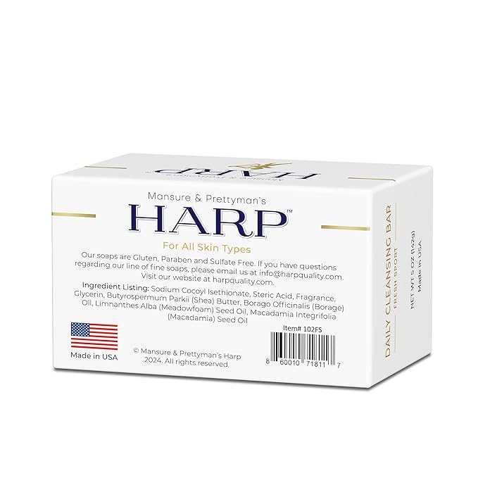 HARP pH-Balanced (5.0-6.0) Body Wash Bar. 100% Syndet. Protects Moisture Barrier For Sensitive, Dry or Irritated skin. + Shea Butter/Borage Oil. Non-Comedogenic. FRESH SPORT FRAGRANCE