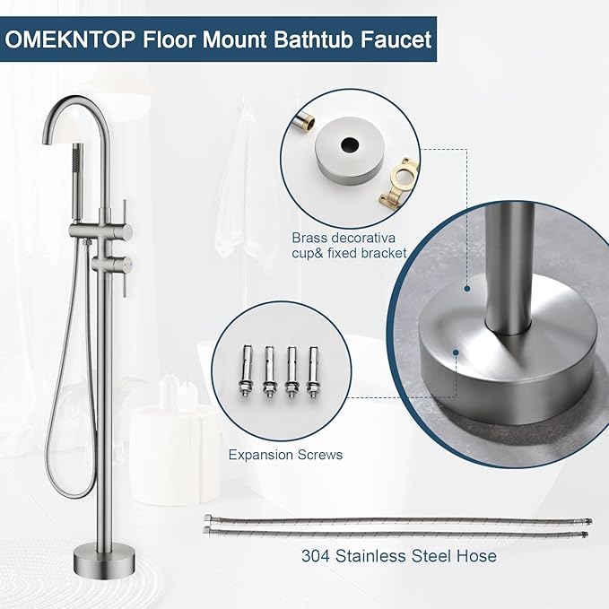 Freestanding Bathtub Faucet Floor Mount Tub Filler Brush Nickel, OMEKNTOP Modern Freestanding Tub Faucet with 360 Swivel Gooseneck Spout and Handheld Shower, Standing Tub Faucet for Bathroom