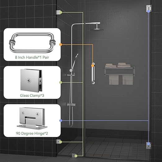 Shower Door Hardware Kit 304 Stainless Steel for 6/25"-1/2" (6mm-12mm) Tempered Glass, Hardware Accessories with 8" Handles Hinges Glass Clamp - Brushed Silver