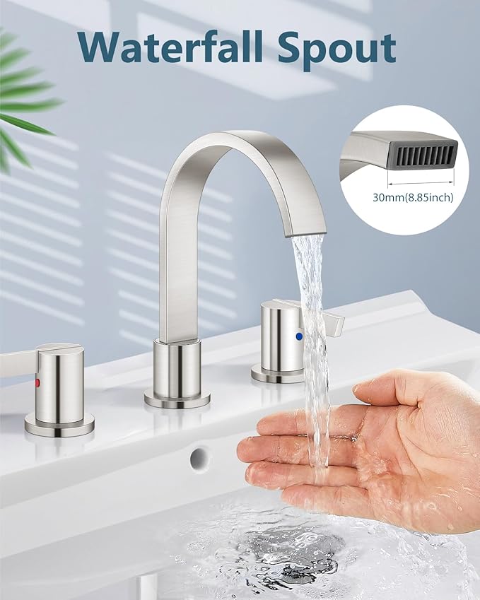Aolemi Bathroom Faucets 3 Hole,8 Inch Widespread Waterfall Bathroom Sink Faucet,2 Handles Vanity Faucet with Pop-up Drain and Supply Hose,Brushed Nickel