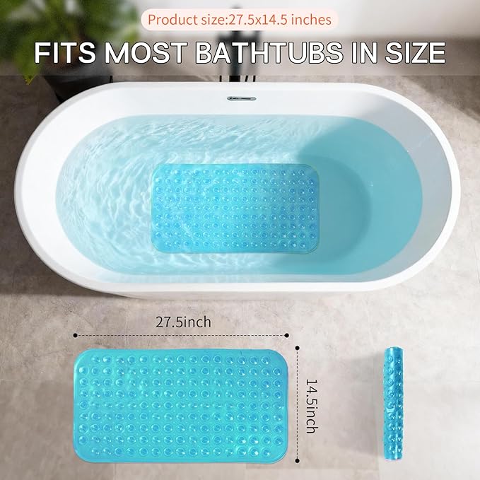 Anti-Slip Bathtub Shower mat, 27.5×14.5（Approximately 70×37cm） inch Soft Oversized Machine Washable Non-Slip Bathtub mat with Drainage Holes, Bathroom Floor Suction Cup.（1-Clear Green）