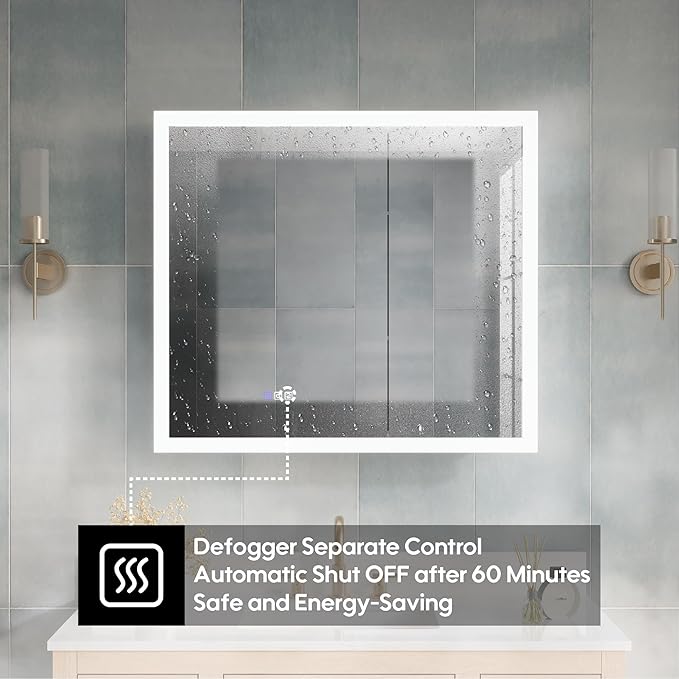 WELLFOR 36 x 32 Inch LED Medicine Cabinet with Lights, 3X Magnification Makeup Mirror, Bathroom Vanity Mirror Cabinet with Storage, Anti Fog, Surface or Recess Mount, Double Opening Door
