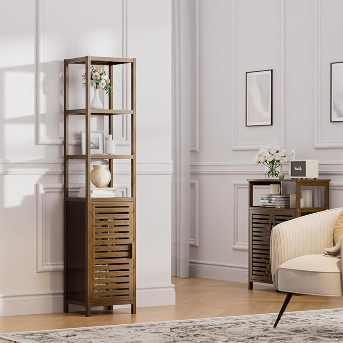 HITNET Bathroom Cabinet, Bamboo Floor Cabinet Freestanding Narrow Storage Unit with Removable Shelves, 6 Tier Tall Cabinet, Walnut