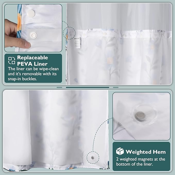 Lagute SnapHook Floral Shower Curtain with Snap-in Liner for Bathroom| No Hook Needed| Mesh Top Window| Machine Washable| Hotel Grade| 71Wx74L，Blue Bouquet