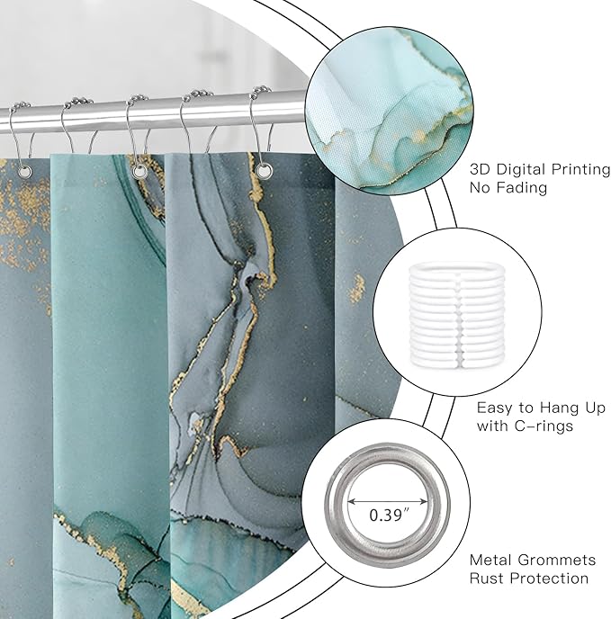 Turquoise Marble Shower Curtain, Teal Modern Abstract Fabric Shower Curtains for Bathroom, Luxury Art Ink Texture Watercolor Aqua Shower Curtain Set with Hooks 72x72