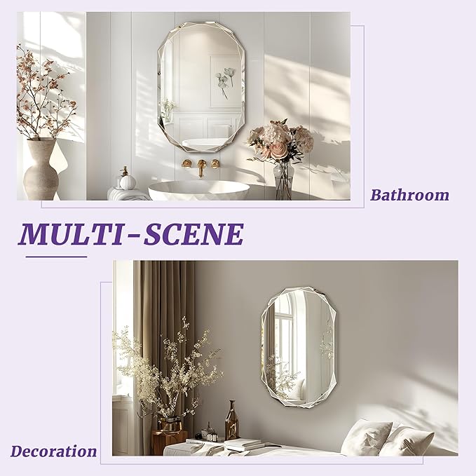Bathroom Mirror for Wall, 20" x 30" Oval Mirror, Bathroom Vanity Mirror, Beveled Edge Frameless Wall Mount Vanity Mirrors, Wall Mirrors Decorative, Irregular Beveled Edge Mirror