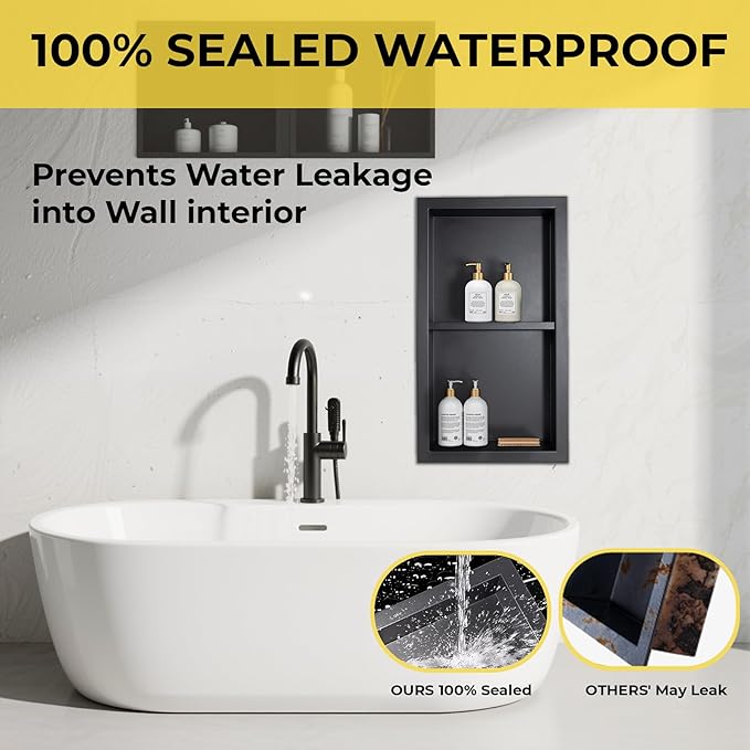Stainless Steel Shower Niche No Tile Needed Recessed with Two-Tier Shelves, 24" x 12" Recessed Wall Niche Shelf for Bathroom Storage Black