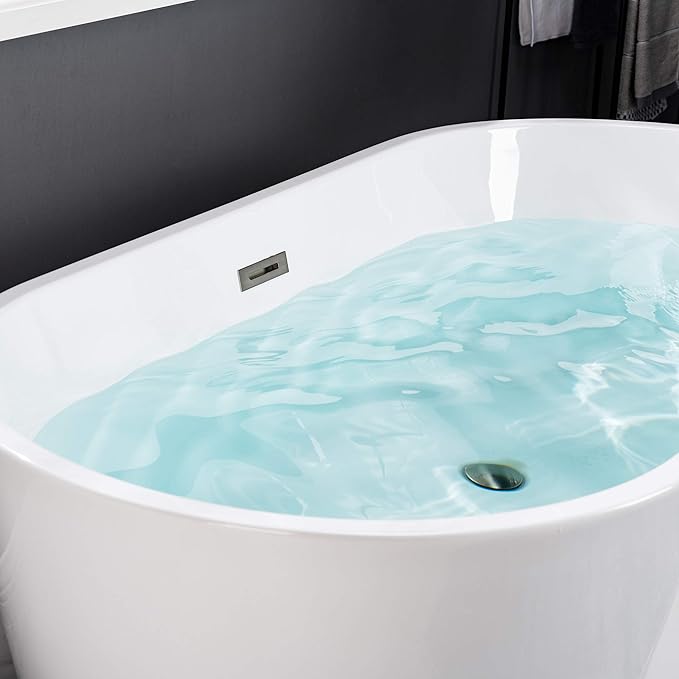 WOODBRIDGE 59" Acrylic Freestanding Bathtub Contemporary Soaking White Tub with Brushed Nickel Overflow and Drain,B0014 -B/N-Drain &O
