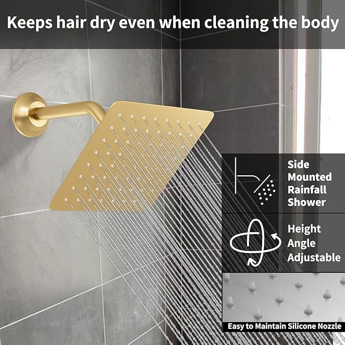 Shower Faucet Set Brushed Gold Shower System with 12 inch and 8 inch Wall Mounted Shower Head, Digital Temperature Display Push Button Shower Fixtures with Handheld Shower