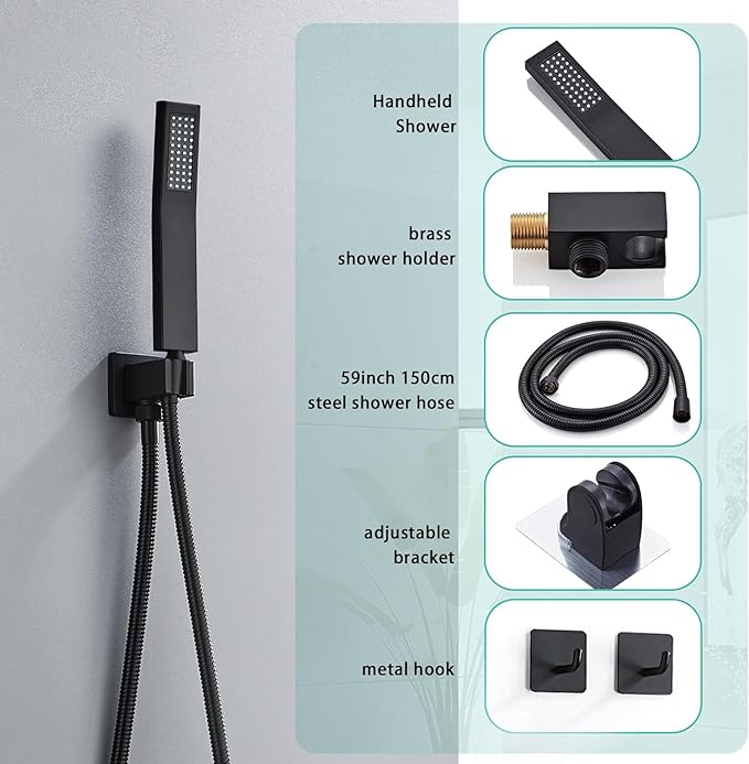 12 Inch Shower Faucet Set, Ceiling Mounted Rainfall Shower System with High Pressure Handheld Shower Head, Bathroom Mixer Shower Set Rough-in Valve and Trim Kit, Matte Black, with Tub Spout