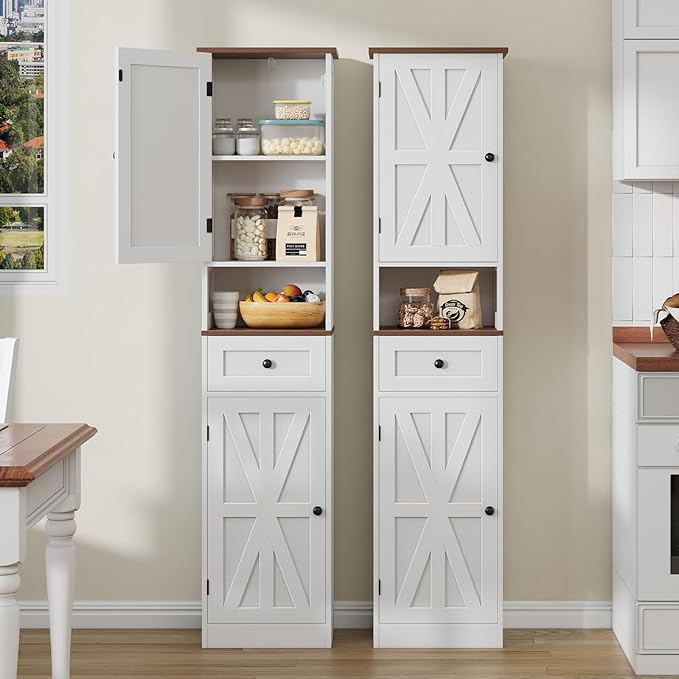 67" H Tall Bathroom Cabinet, Narrow Storage Cabinet with 2 Barn Doors and 1 Drawer, Freestanding Floor Cabinets with 5 Shelves and Open Storage Shelf for Bathroom, Living Room, Kitchen, White