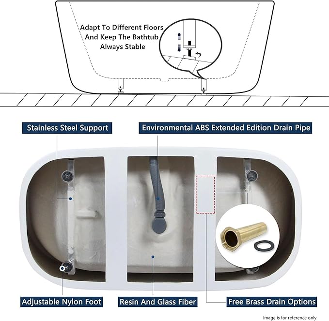 FerdY Bali 59" Acrylic Freestanding Bathtub, Gracefully Shaped Freestanding Soaking Bathtub with Brushed Nickel Drain & Minimalist Linear Design Overflow, Glossy White, cUPC Certified