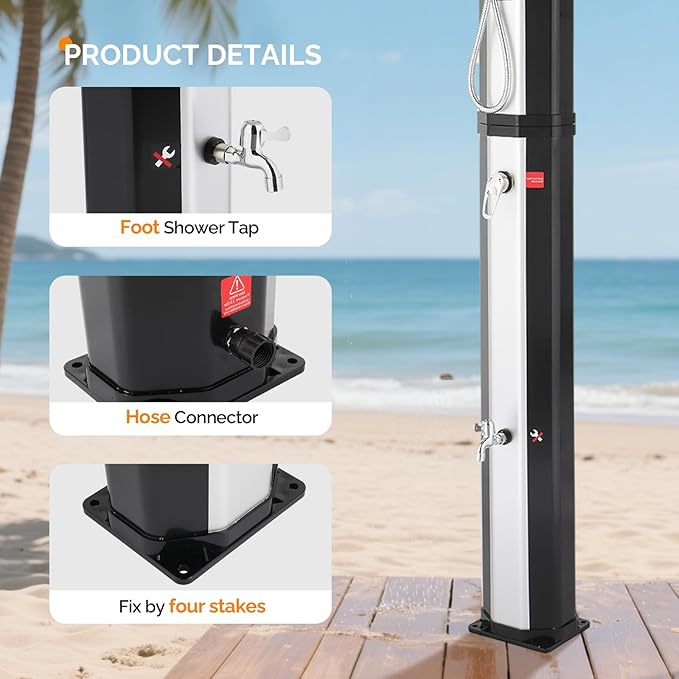 VINGLI Solar Heated Shower,2-Section with Shower Head and Foot Shower Tap，for Outdoor Backyard Poolside Beach Pool Spa,Black (16 Gallon- Sliver&Black Surface)