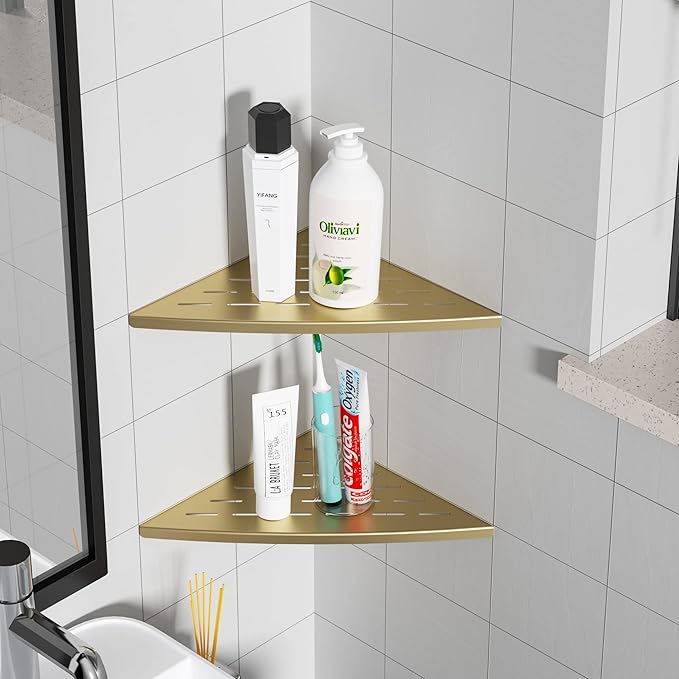 Corner Shower Shelf Brushed Golden, 304 Stainless Steel 11.5” Recessed Corner Shelf Bathroom for Tiled Wall, Floating Shower Shelves Shampoo Holder, No Drilling, 2 Pack